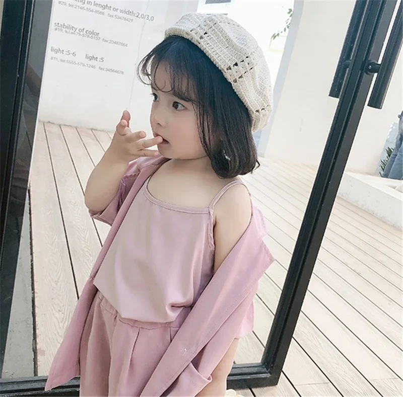 Hot selling toddler girls clothing sets solid color spring summer casual shirt three piece suits kids girls clothing