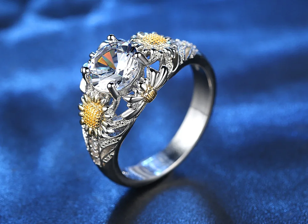 Hot selling fashion jewelry women's accessories hollow flowers sunflower inlaid with zircon ladies ring wholesale