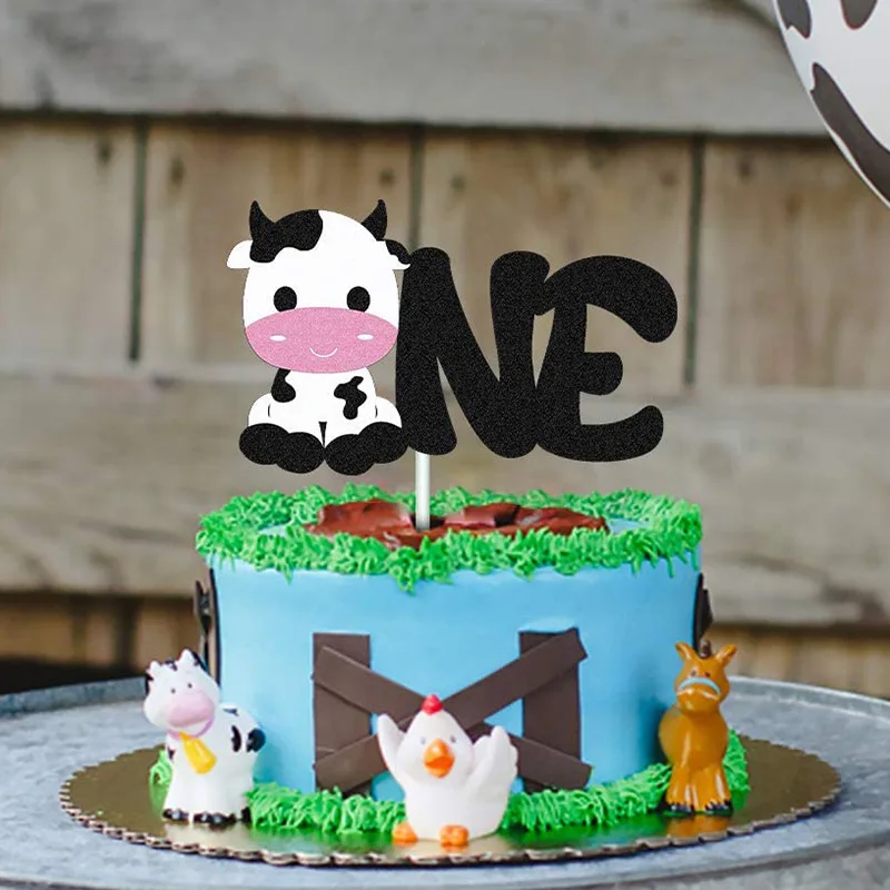 Farm Animal Cow One Cake Topper Baby's First Birthday Party Scene Decorated Cake Insert