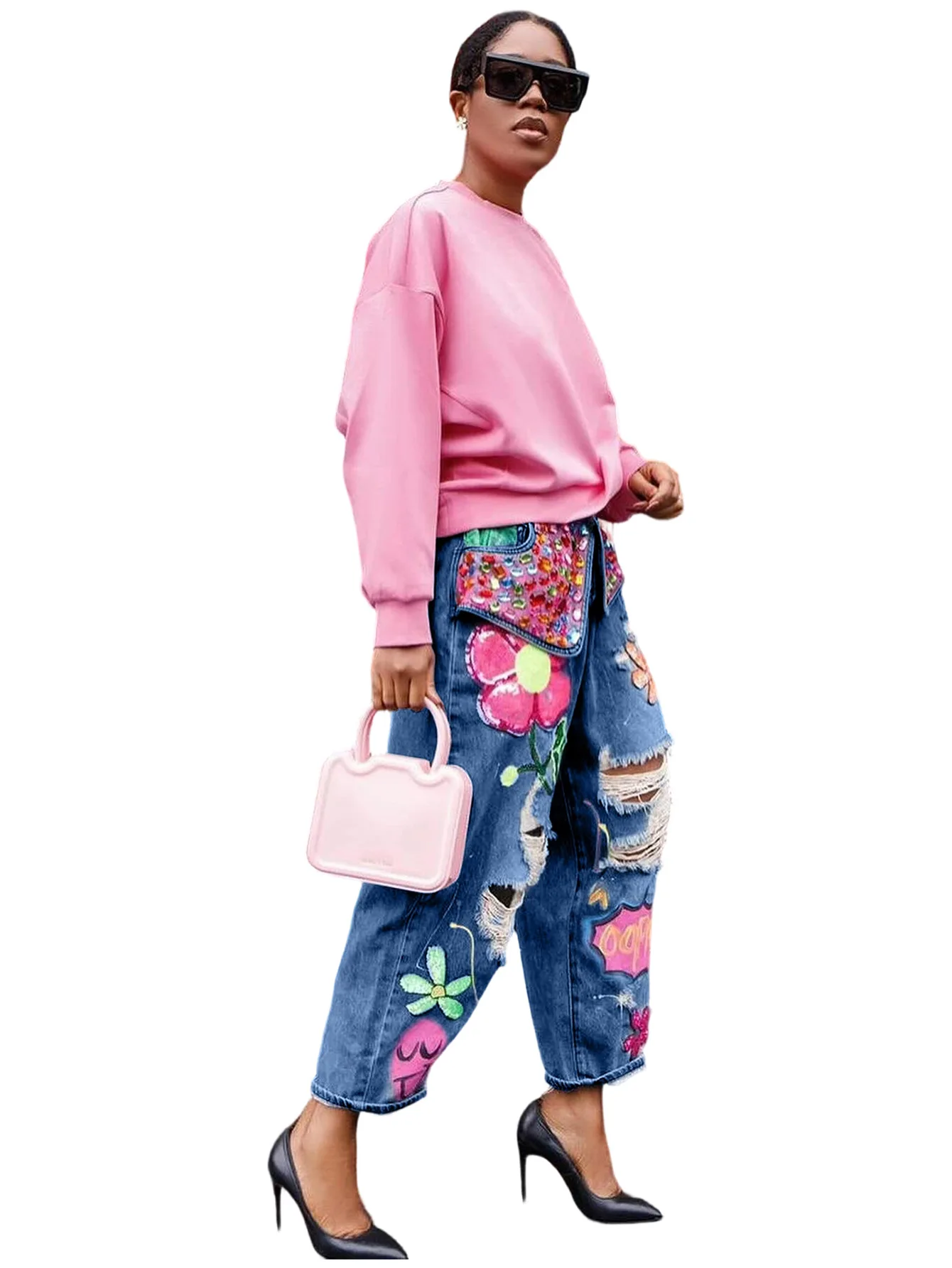 Women's Streetwear Spring Hotfix Rhinestone Embellished Printed Ripped Denim Jeans supplier