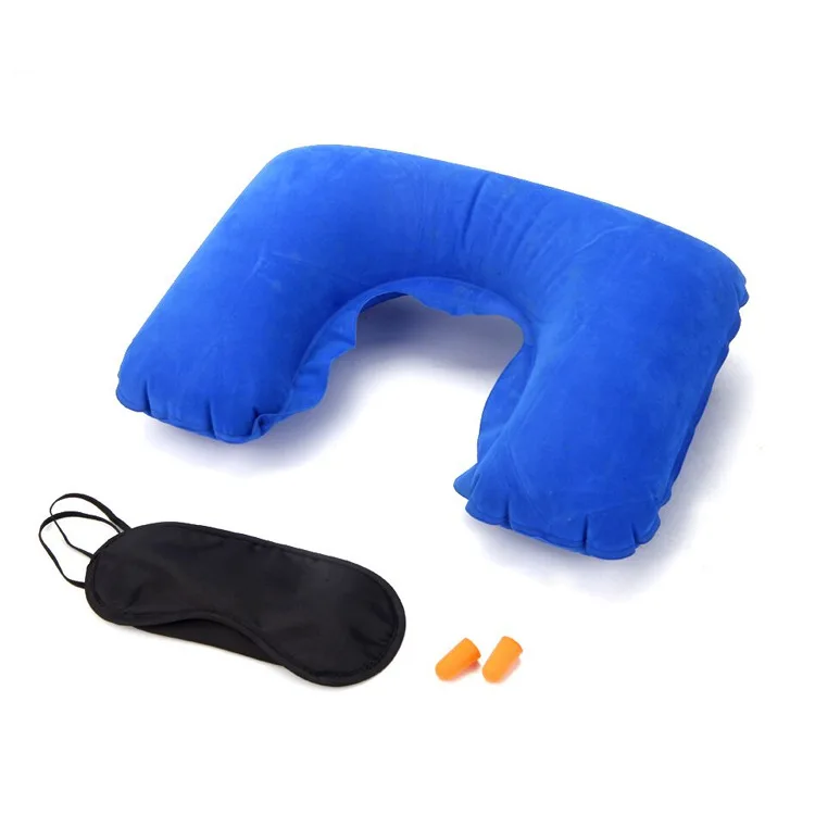 Hot selling PVC inflatable U-shaped plush nap pillow airplane ride travel neck protection pillow outdoor portable 3-piece set