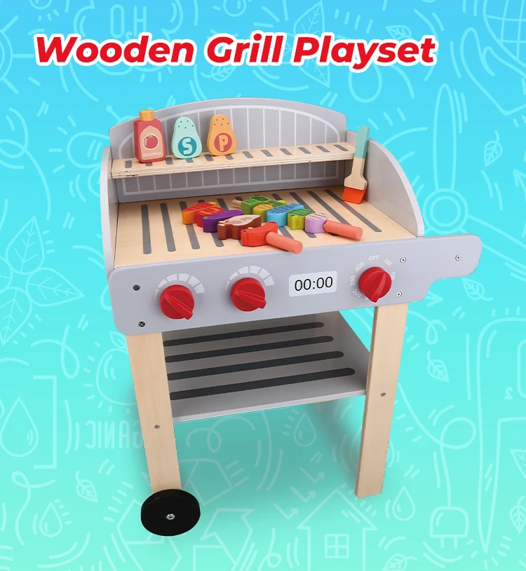 happy earth wooden bbq grill toy set for kids pretend play cooking game educational kitchen simulation food toy-1