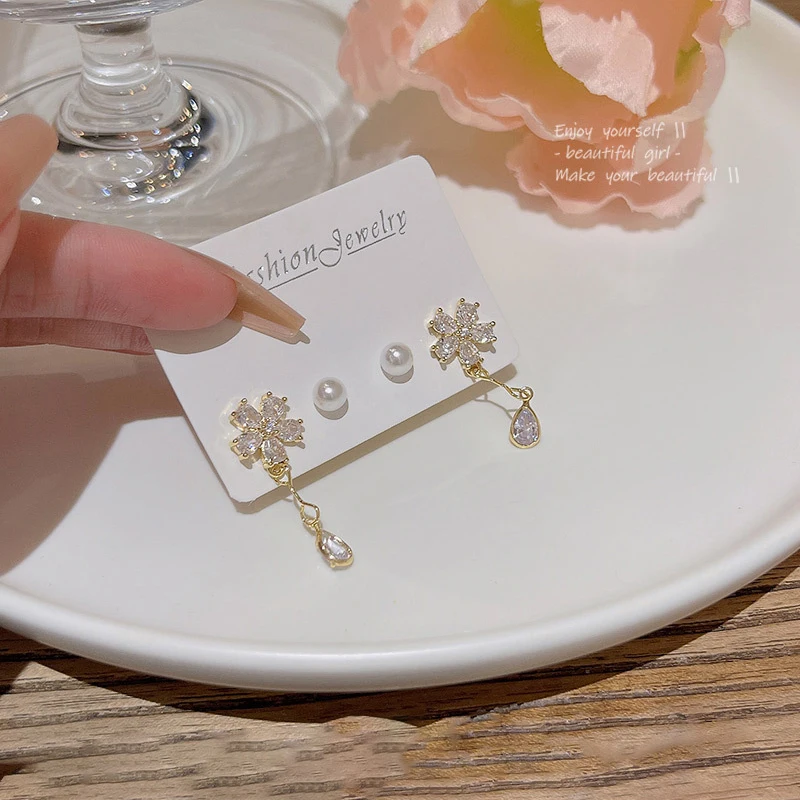 S925 sterling silver luxury exquisite simple temperament pearl zircon flower earrings set women