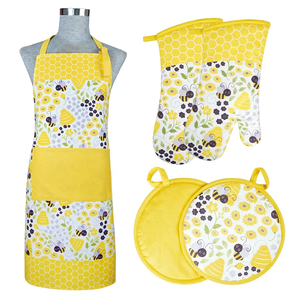 2022New Design Printing Kitchen Apron Cooking Cleaning Oven Mitts Pot Holder Apron Set