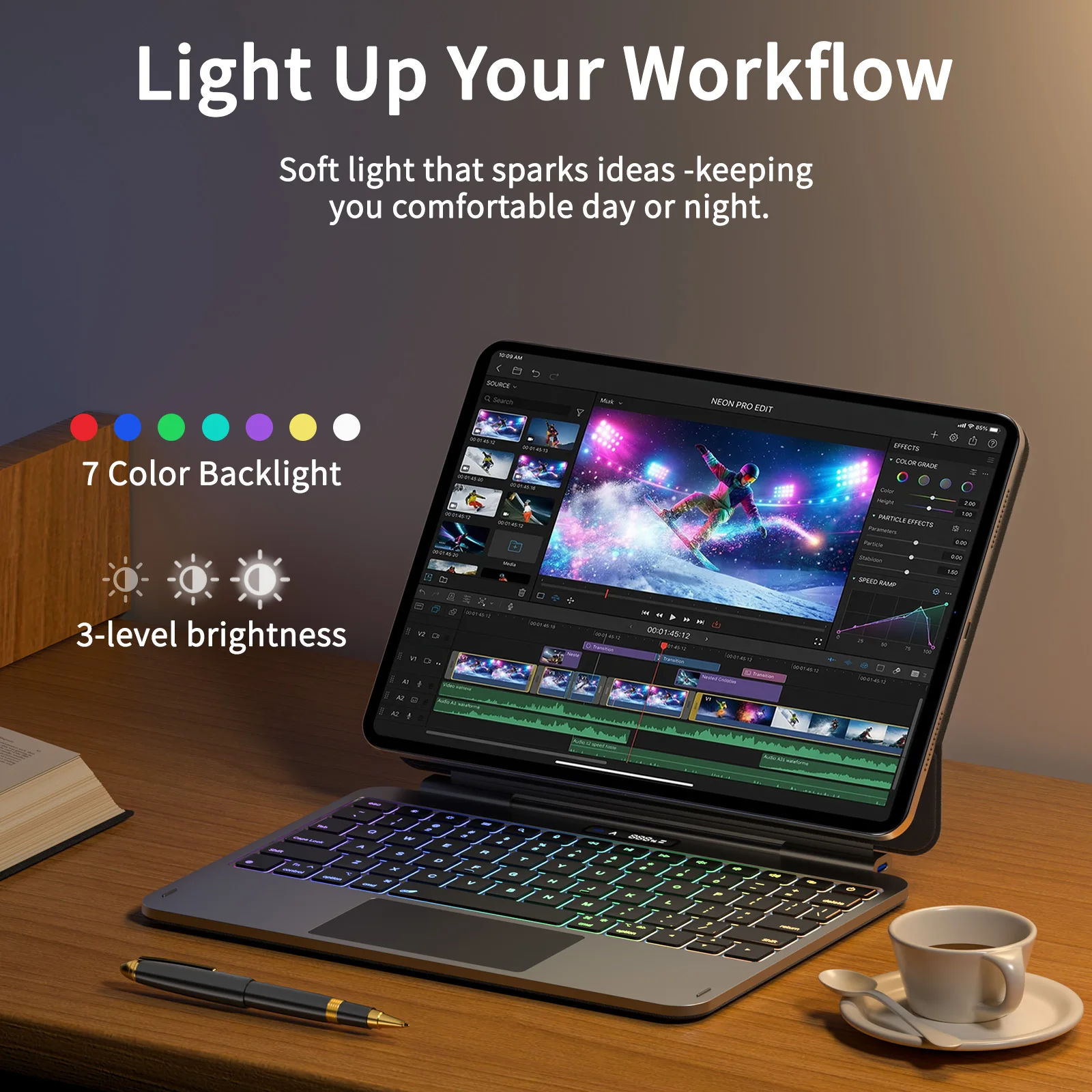 product laudtec for ipad pro 11 inch m5 2025 wireless keyboard case with 7 rgb backlight touchpad adjustable stand ultra thin black-7