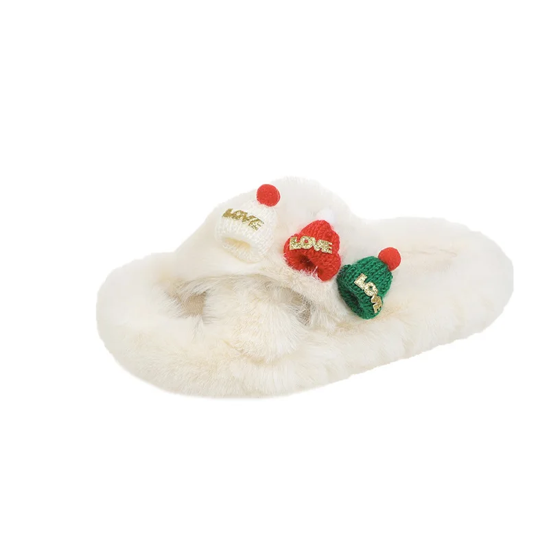 35-40 Christmas hat plush slippers Autumn and Winter Warm Toe Cotton Tuo Home Plush Slippers