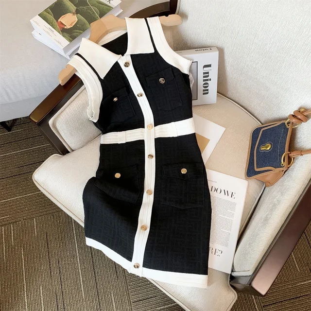 ZT1097 Sleeveless black & white vest knit dress mini dress