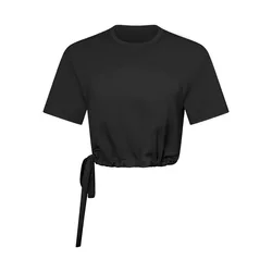 YIYI Round Neck Bottom Drawstring Crop Tops Girls Short Sleeves Sweat-wicking Workout Tops Ladies T-shirt Sport Wear Women