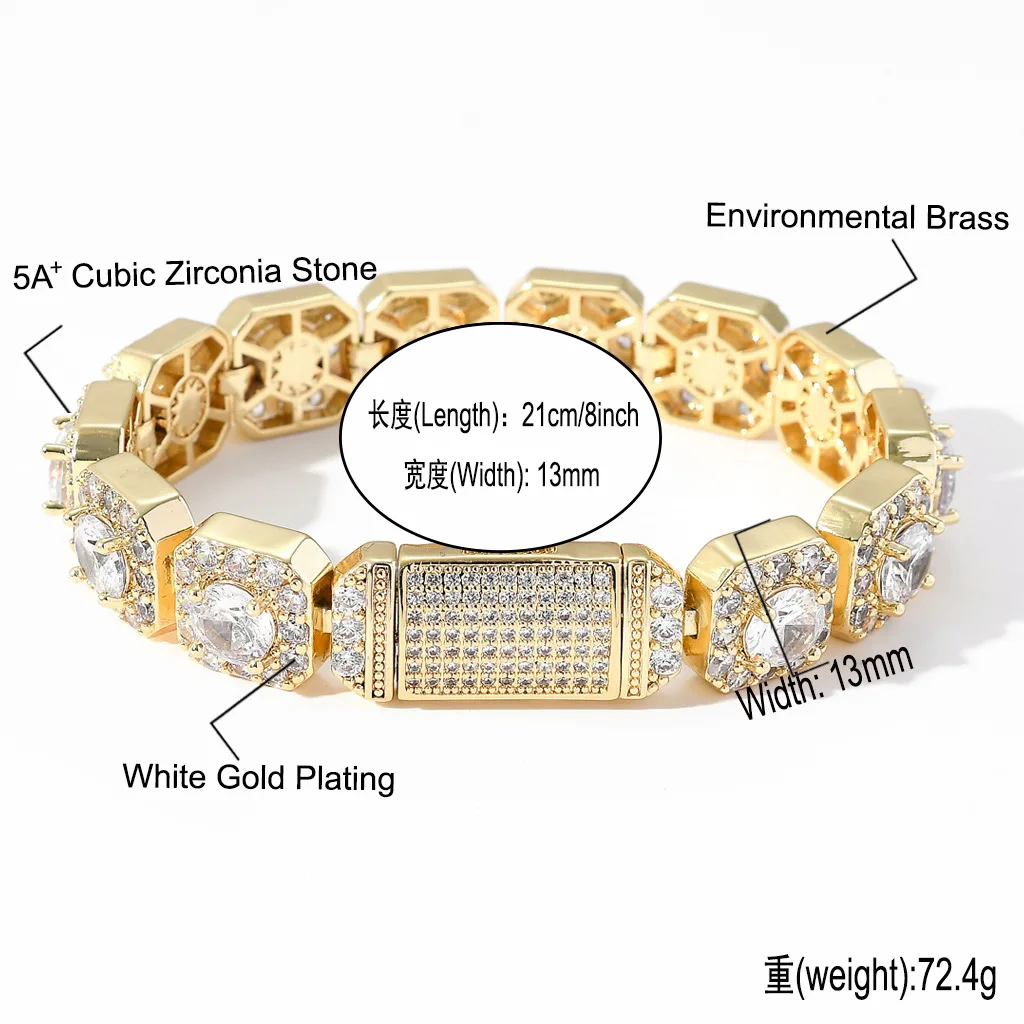 13mm 7" 8" copper brass gold silver iced out zircon cuban chain bracelet ,bling bling hip hop men women bracelet jewelry