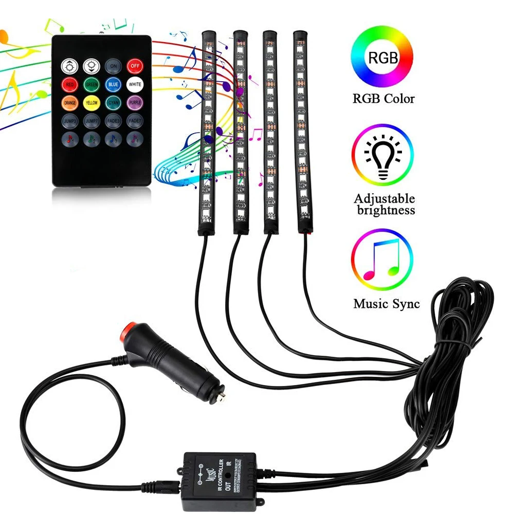 DC 12V Car Charger Included Car LED Strip Light，4pcs 48 LED Multicolor Music Car Interior Lights Under Dash Lighting Kit with Sound Active Function and Wireless Remote Control 