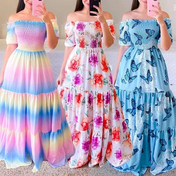 Fashion Ladies Long Summer One-shoulder Floral Dress  women's clothing plus size  women casual  Women's Maxi Dresses