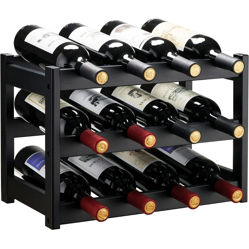 Modern 3-Tier 12 Bottles Bamboo Wine Rack Sturdy Durable 3-Degree Swivel Black Storage Cabinet Shelf for Countertop Pantry factory