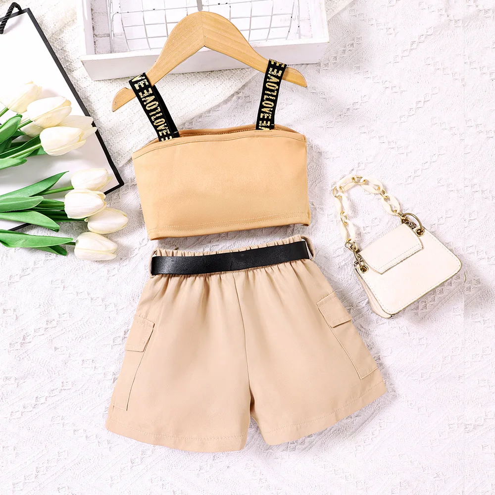 New arrival girls clothing sets fashion sleeveless vest tops+shorts+belt kids clothes boutique little girls summer outfits