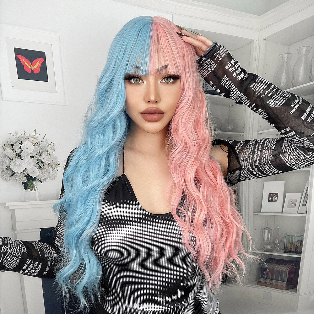 Ainizi Wholesale Long Wave Half Blue Half Pink Color Fashion Synthetic Hair  Wig With Fringe For White Women - Buy Synthetic Hair Wigs,Half Blue Half  Pink Wigs,Synthetic Wig Product on 