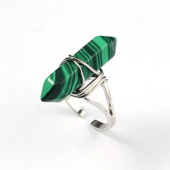 Hand Wire Wrapped Ring Natural Crystal Opal Red Agate Tiger Eye Yellow Jade Malachite Point Quartz Stone Rings Jewelry