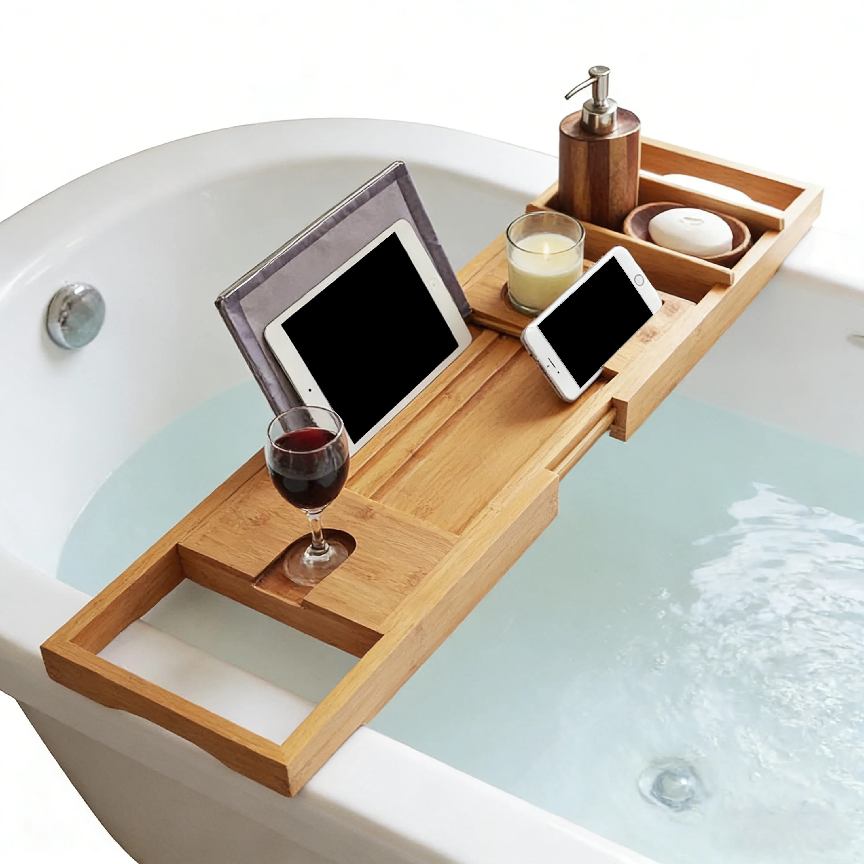 product natural bamboo bathtub caddy with extending sides expandable shower bath tub tray rack with waterproof cloth-5