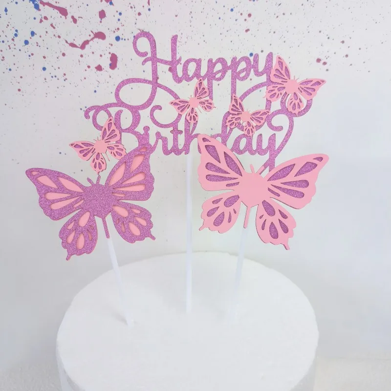 Shiny paper double butterfly Happy Birthday cake decoration party dessert table baking cake topper