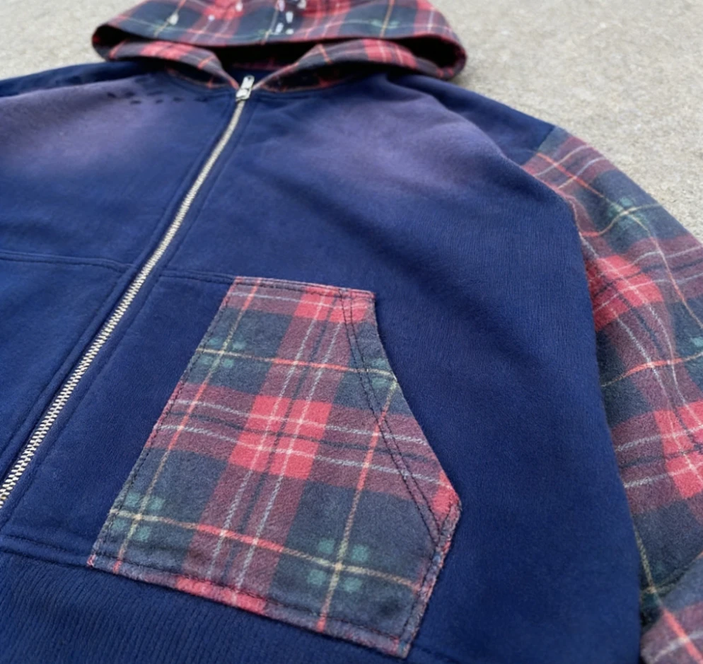 Custom Logo 100% Cotton Patchwork Color Block Zip up Check Plaid Cropped Acid Washing Sun Faded Zip up Hoodie for Men supplier