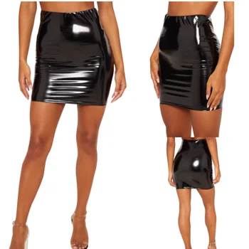 Womens Sexy High Waist Fau Leather Tight Mini Skirt Bright leather bag hip skirt