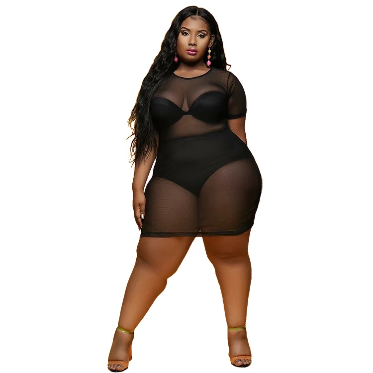 2021 Fashion Fat Lady Piece Set Clothing See Through Mesh Pleated Sexy Plus  Size Women Dress For Club Buy Women's Working Dress Sexy Short Sleeve