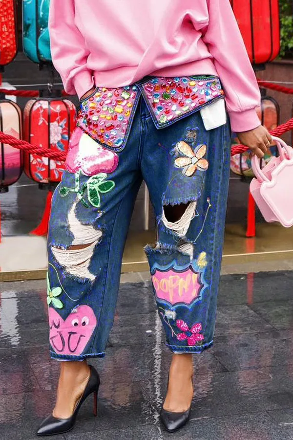 Women's Streetwear Spring Hotfix Rhinestone Embellished Printed Ripped Denim Jeans manufacture