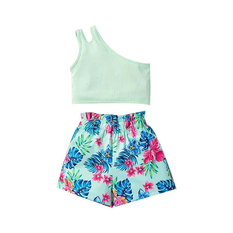 Wholesale boutique toddler girls clothing sets fashion one shoulder tops matching printing shorts 2pcs clothing for kids