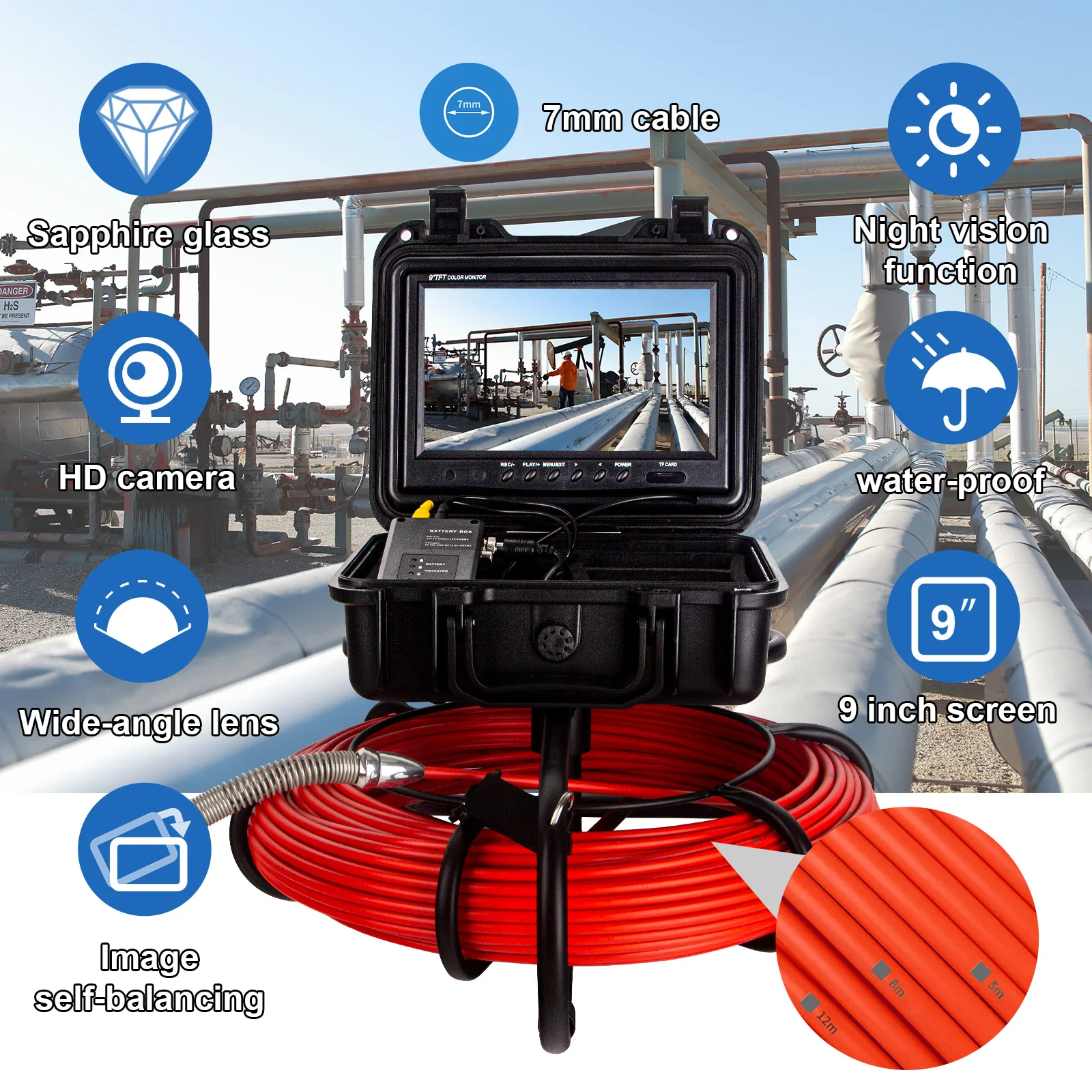 Pipe Inspection Camera 9Inch HD 1080P Screen 512Hz Sonde&Locator Self-leveling, Drain Camera for Home Pipelines Inpspection details