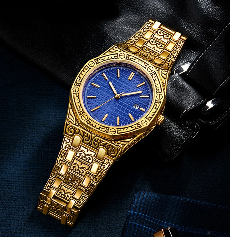 Fashion Design Gold Mens Watch Engraving Men Quartz Wrist Watch Low MOQ Luxurious Gold Watches For Men