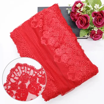 Showy Red swan heart shaped embroidered lace eyelash edge price embroidery fabrics for clothing material