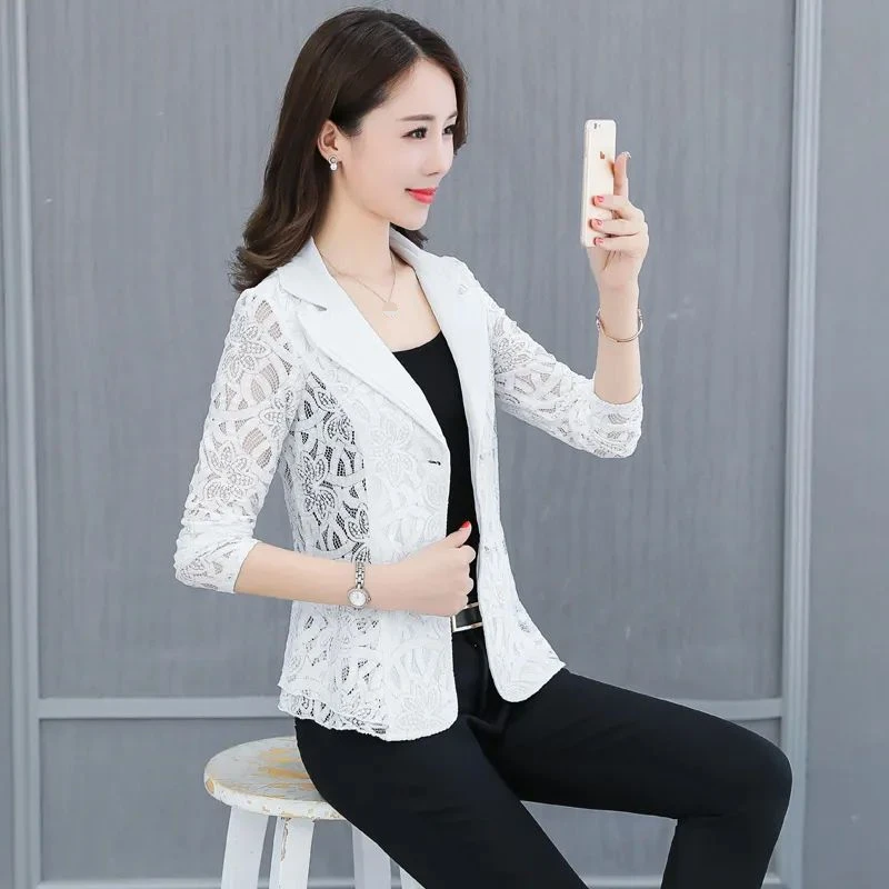 Women Girls Fashion Long Sleeve Lace Thin Coat Shirt Solid Color Hollow Out Jacket Suit Lapel Simple Lady Elegant Coat