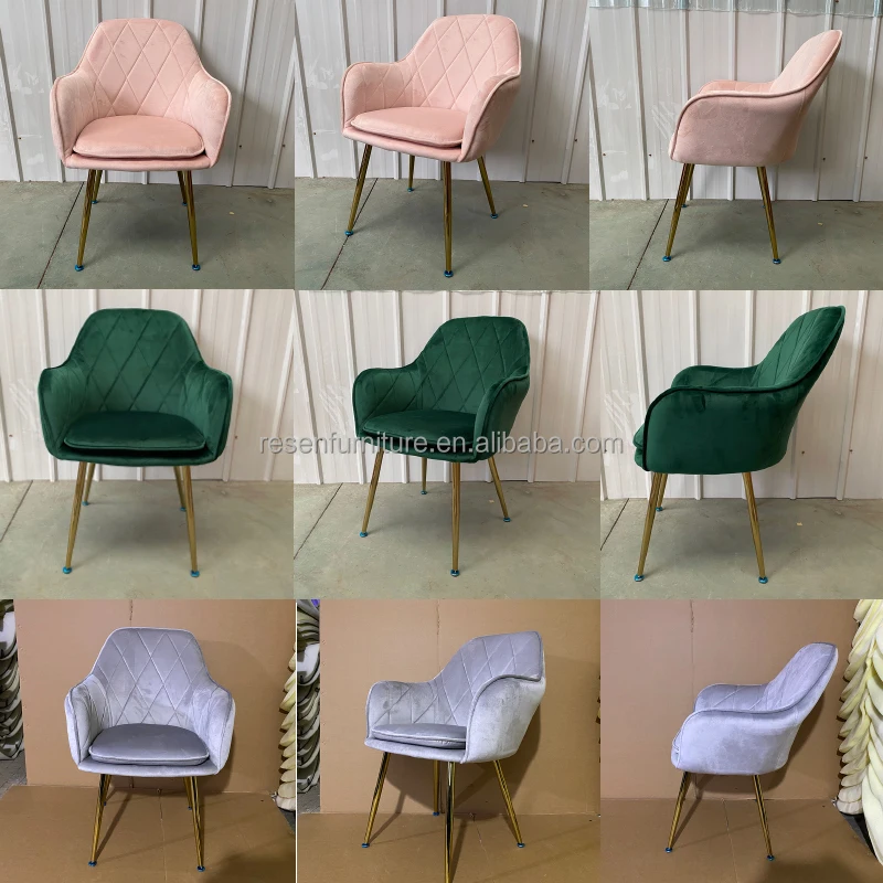 Nordic Dining Chair Gold Metal Leg Velvet Arm Chairs Tufted Pink Green Velvet Chair For Dining Room