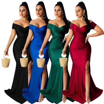 Womens Sexy Off Shoulder High Split Long Formal V Neck Evening Gown Formal Party Nightclub Maxi Dresses