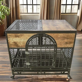 High Quality Professional Dog Kennel Double Door Large Metal Dog Crate with Open Top Wood and Metal Wire Breathable Feature