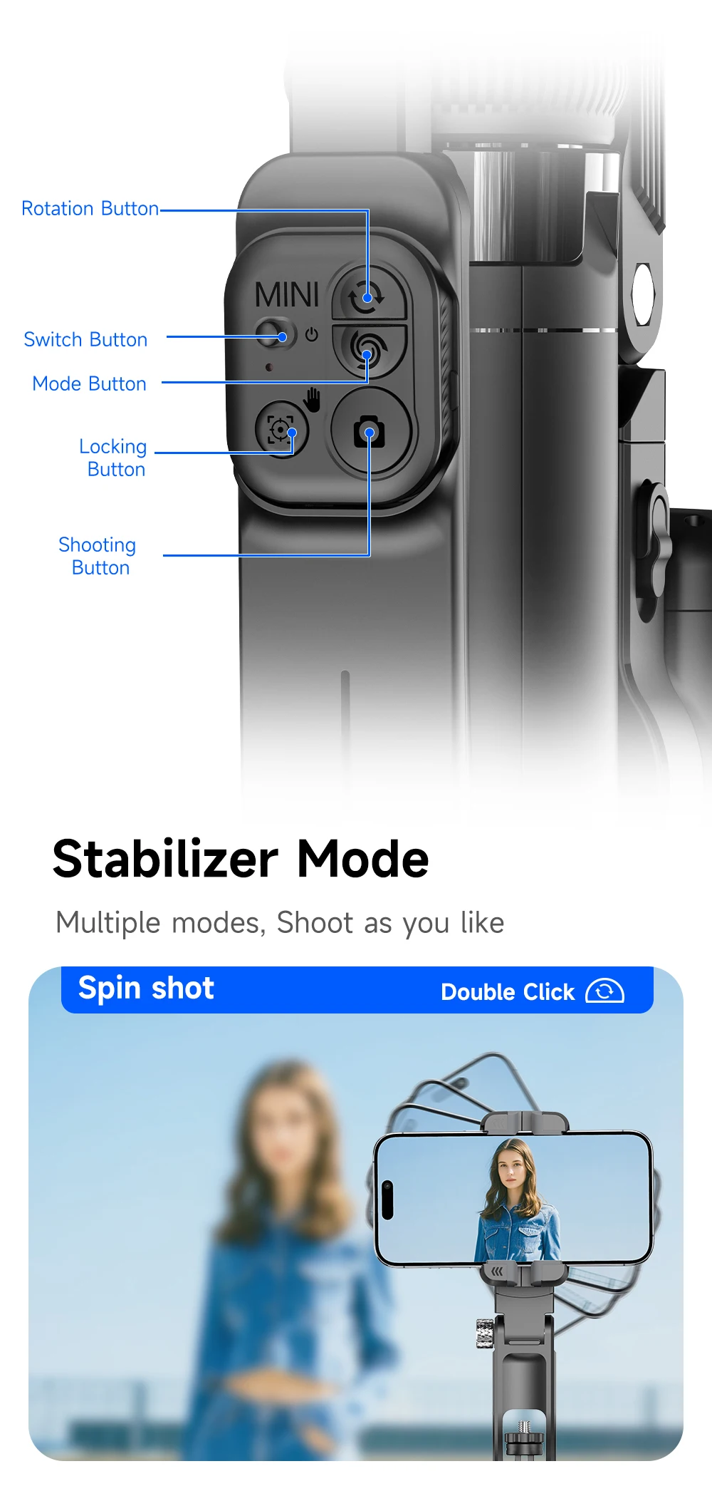 C16 Intelligent AI Face Tracking 360 Rotating Single Axis Gimbal Stabilizer Aluminum Alloy Rod Quadrupod Selfie Stick Light 540g