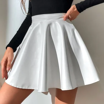 Sexy Summer Spring High Waist Women Lady PU Leather MIni Skirts White Black Pink Brown Pleated Flared Skirt