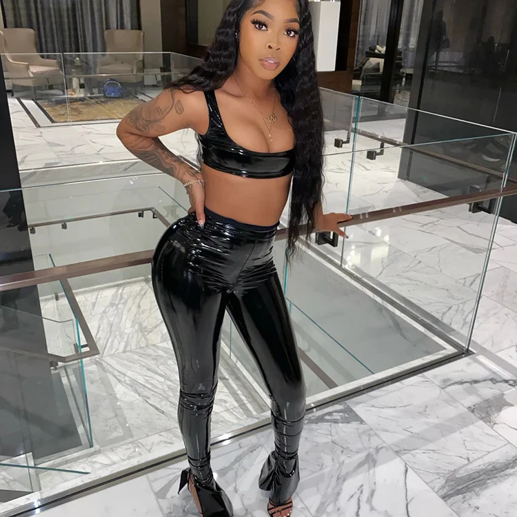Spring 2022 Sexy Crop Top Shiny Faux Pu 