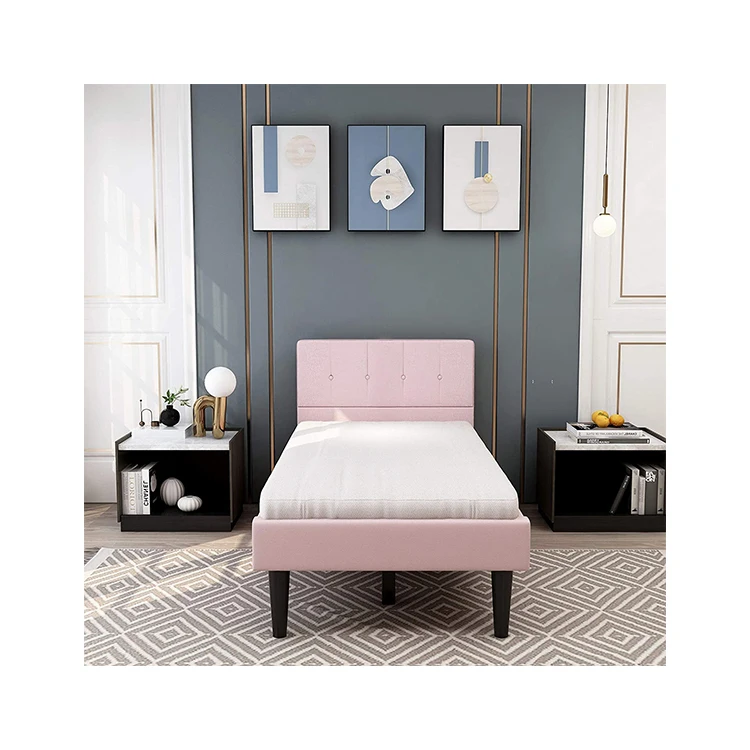 Princess Twin size Wood Bed Platform Bed Frame W/Headbord Footboard  Girl Pink 