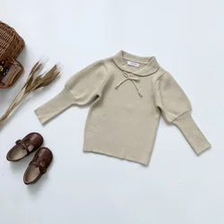 New girls' base sweater for children with striped lantern sleeves and lapel sweater girls solid color fashion clothes