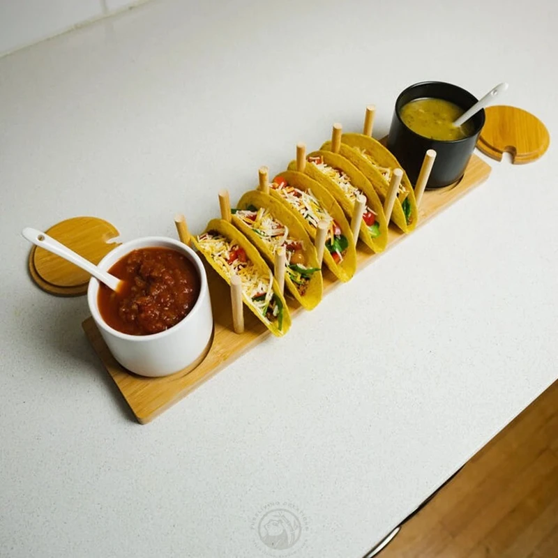 Custom Multi Use Food Tray Charcuterie Tray Taco Shell Holder Taco Holder Holds 8 Bamboo Taco Tray with Tong