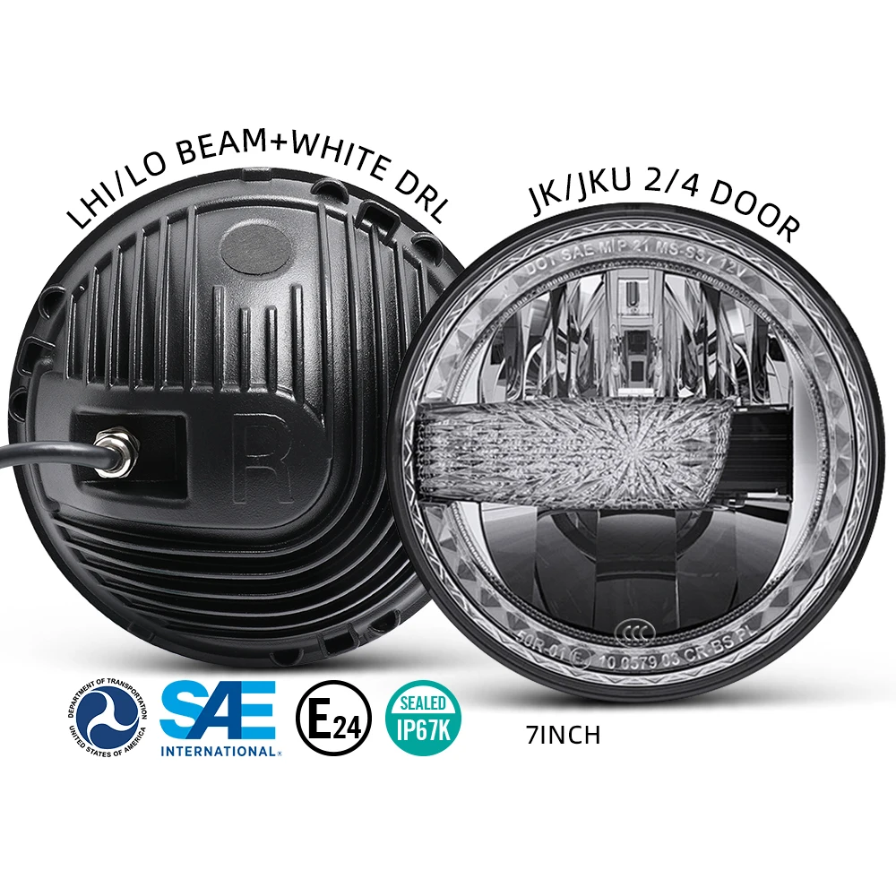 J-eep W-rangler LED Headlight Safego 7 300W Round LED Headlamp with Daytime Running Light DRL High Low Beam for J-eep W-rangler JK TJ LJ Motorcycle with H4 H13 Adapter 1 Years Warranty 2PCS