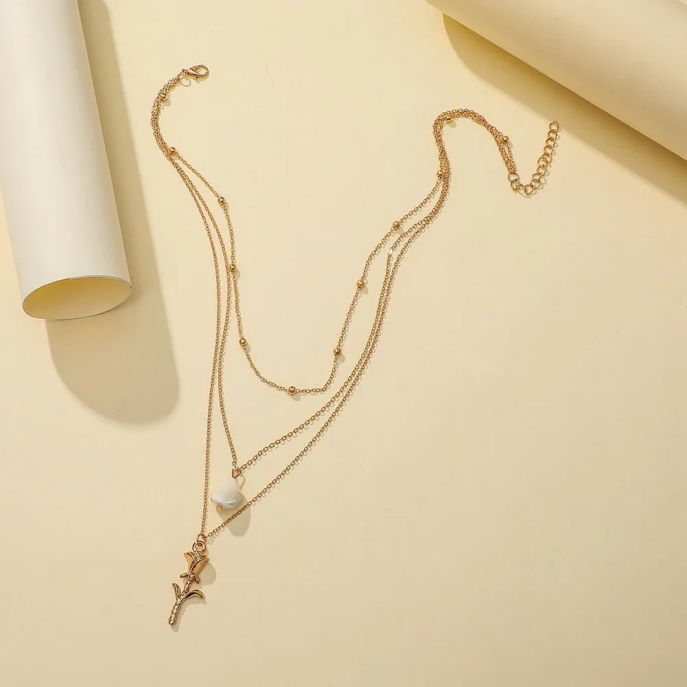 Fashion simple irregular pearl metal rose pendant necklace minimalist jewelry multi layer necklace
