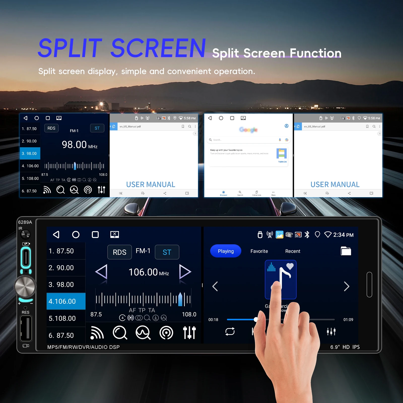 android auto gps wifi bt usb ips display split screen knob control a4505-6