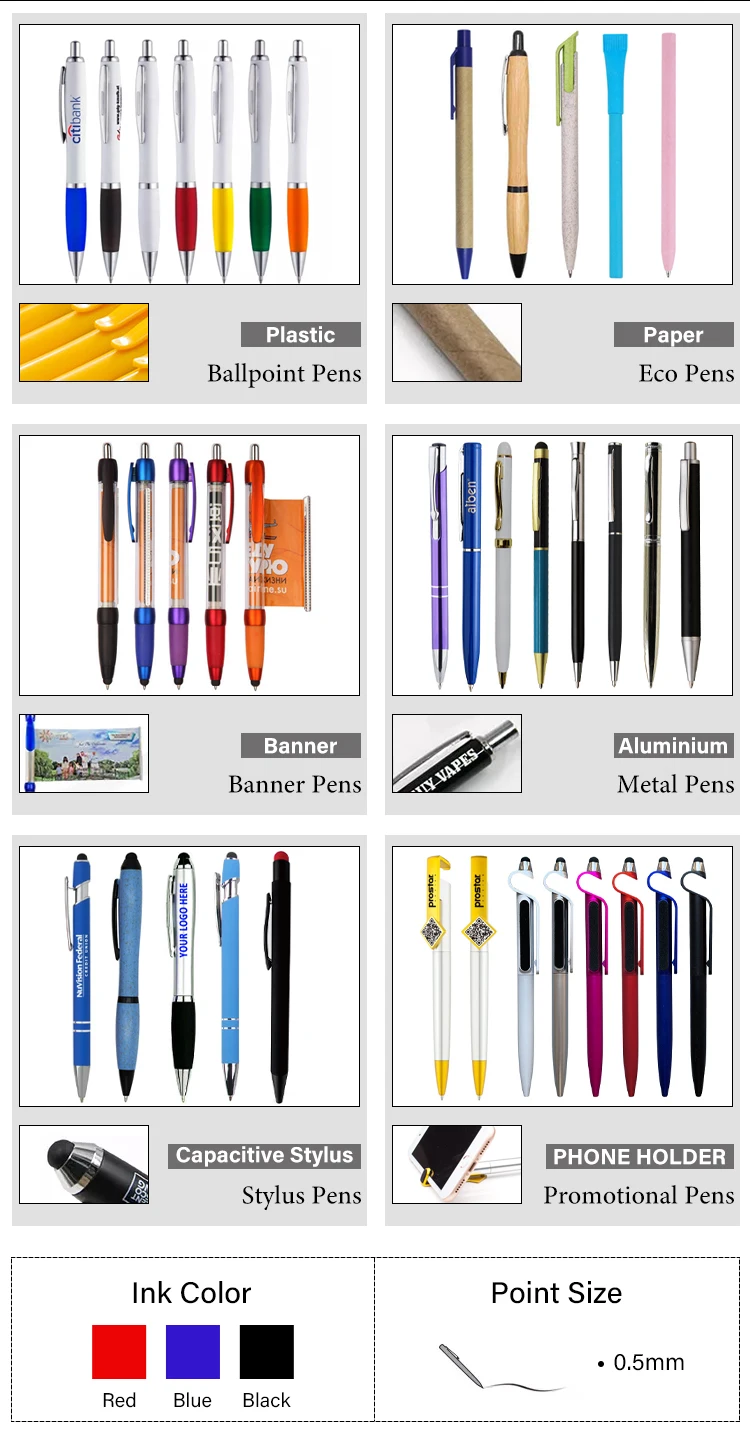 Kinds of custom promotional pens including ballpoint pens and eco pens.