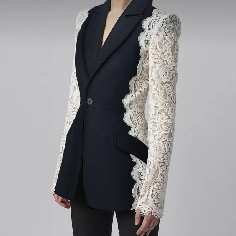 A7069 Newest Women Clothes Contrast Black and White Blazers Lace Long Sleeve Women Jacket