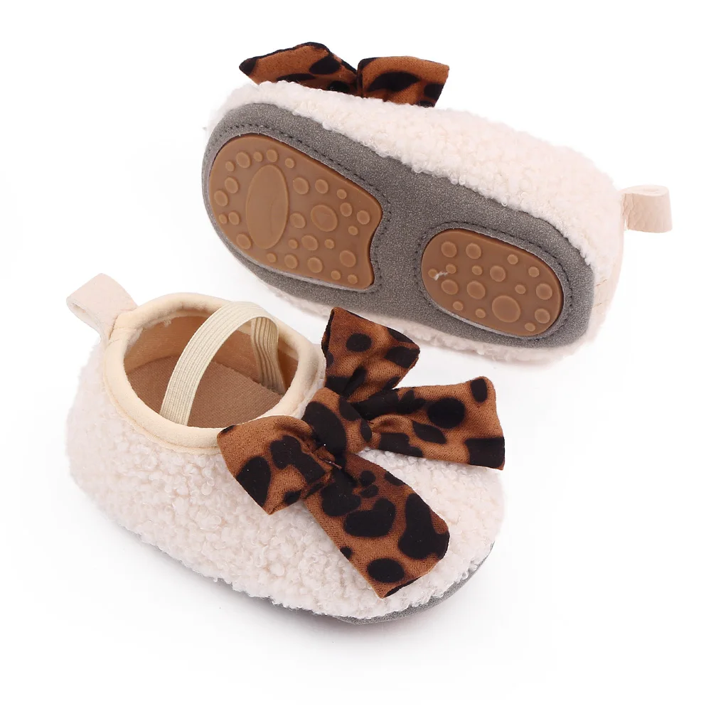 0-1 Year Old Infants Foot Set Solid Color Teddy Velvet Leopard Bow Baby Girls Cute Soft Soled Toddler Shoes factory