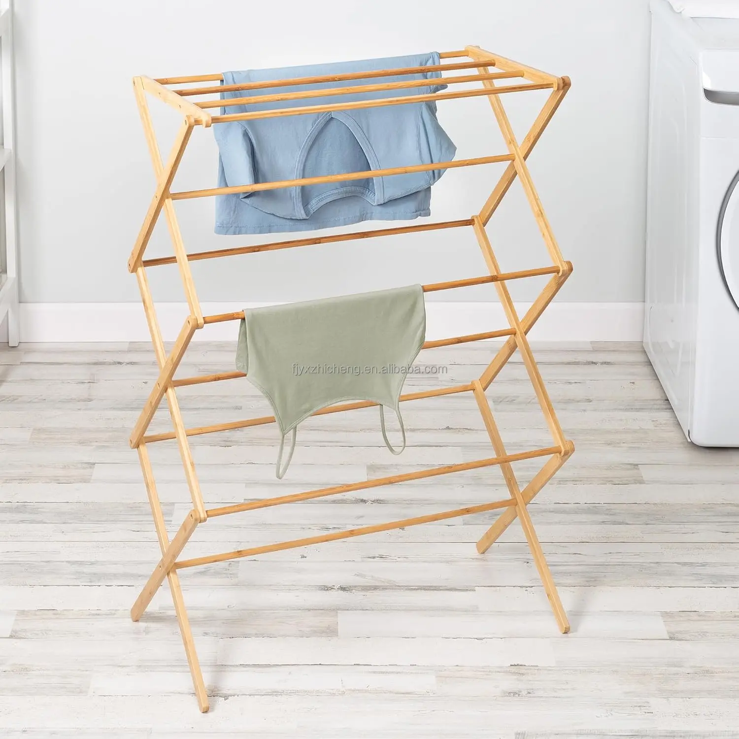 product bamboo drying rack sturdy foldable floor mount space saving portable clothes towels blankets-1