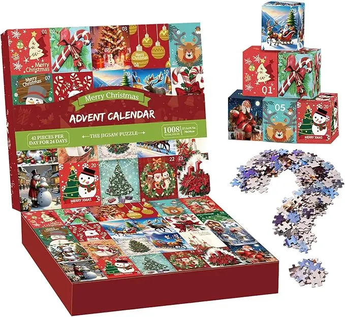 Custom Holiday Advent Calendar Jigsaw Puzzle 1000 Pieces Christmas Countdown Wooden Puzzle Game for Family Kids Gift manufacture