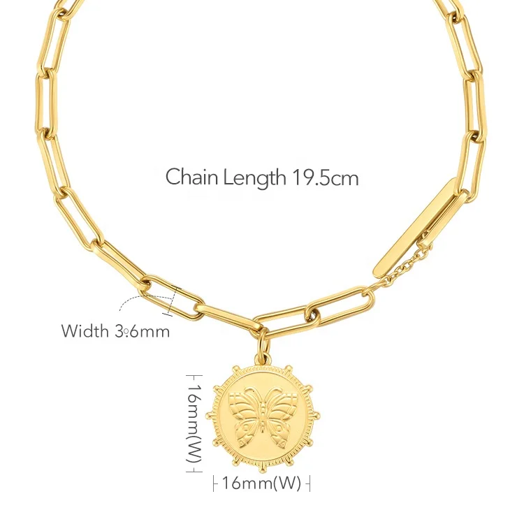 Latest High Quality 18K Gold Plated Stainless Steel Jewelry Butterfly Charm Oval Chain  Bracelet B212243
