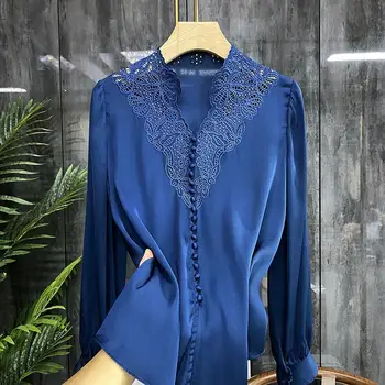 LM0527A lady Red silk blouse Heavy industry embroidered lady shirt spring long sleeve office lady blouse