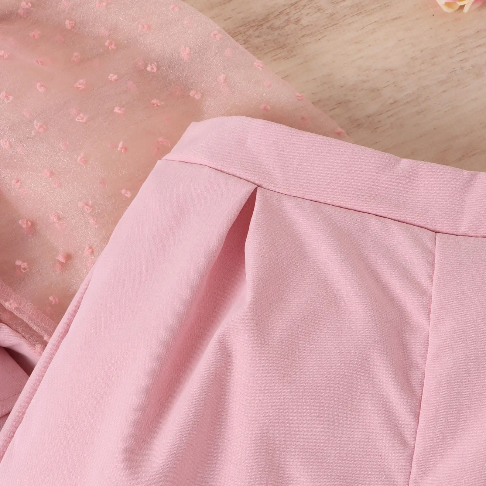 2023 Popular Baby Clothes Girls Solid Pink Autumn Girls' Suit Autumn Lace Long-sleeved Pearl Double-breasted Trouser Suit Belt